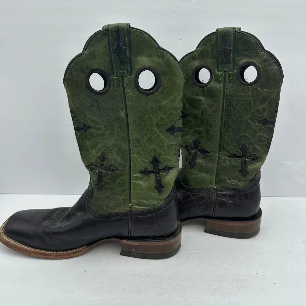 Ariat Mens Ranchero Cowboy Boots Sz 9.5D Green Brown Cross Overlay Square Toe - Picture 7 of 7